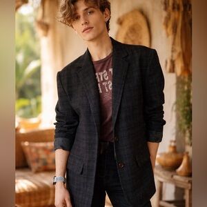 Men’s Tommy Bahama Wool Blend Black Blue Check Sport Coat Blazer Size Medium